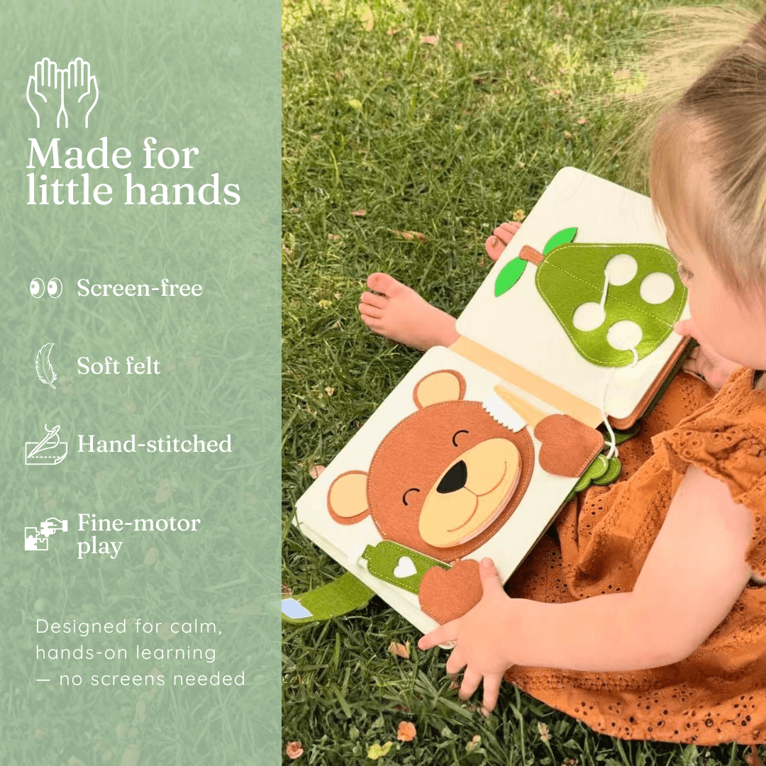 Magic Meadow felt busy book features - screen-free soft felt hand-stitched fine motor play