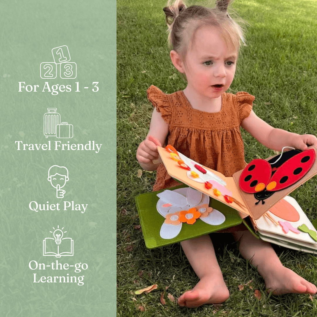 Toddler playing with Magic Meadow personalised felt busy book by Cubby