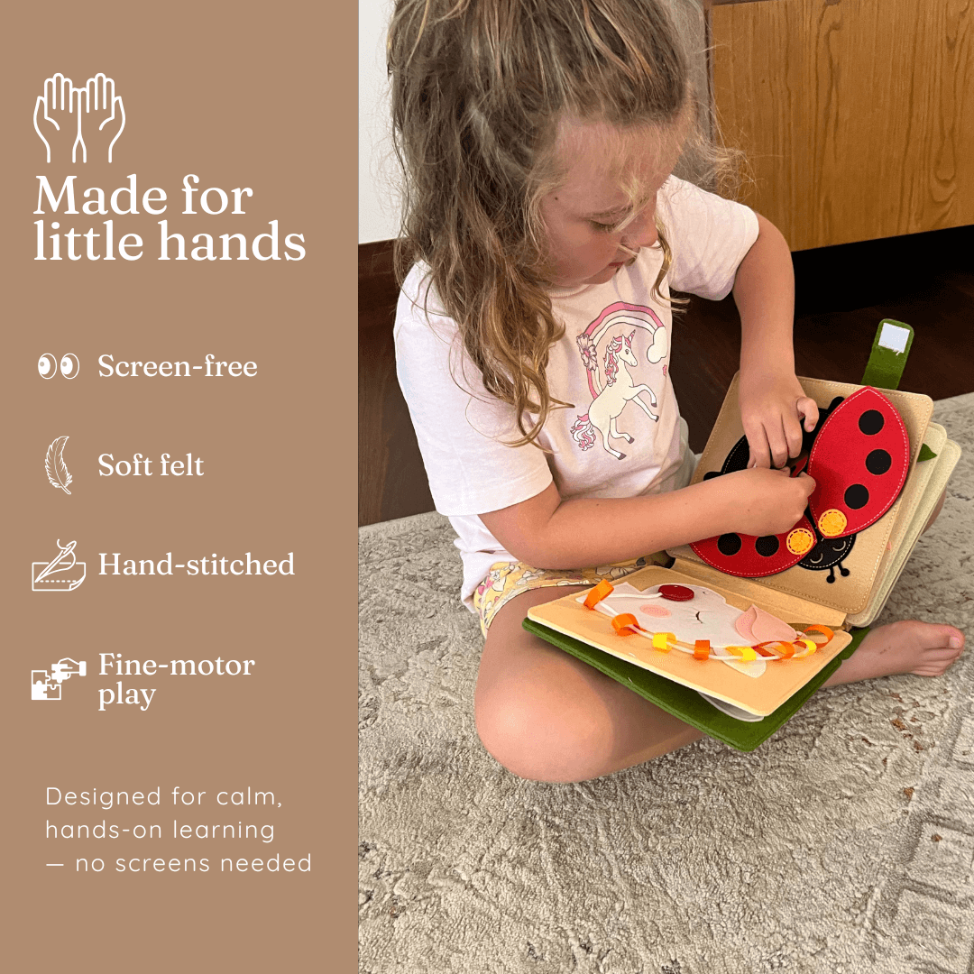 Secret Safari felt busy book features - screen-free soft felt hand-stitched fine motor play