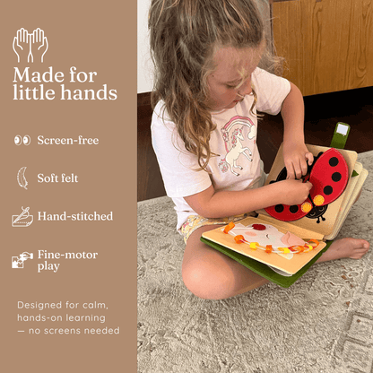 Secret Safari felt busy book features - screen-free soft felt hand-stitched fine motor play