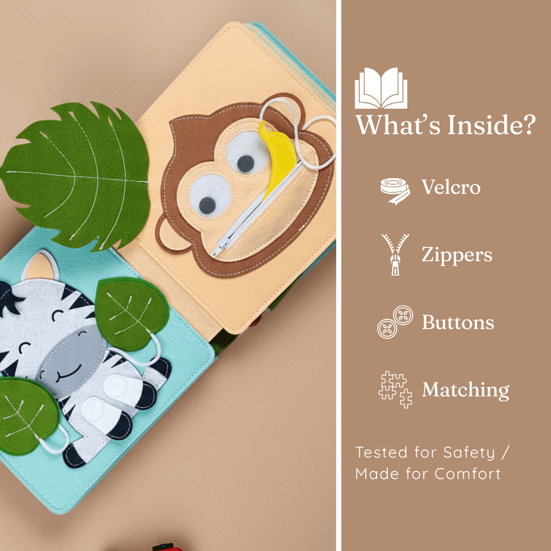 Secret Safari busy book inside - velcro zippers buttons and matching activities for toddlers
