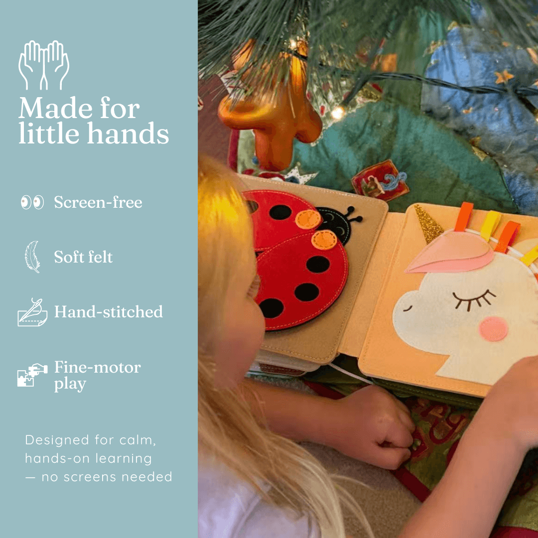 Teddy Tales felt busy book features - screen-free soft felt hand-stitched fine motor play