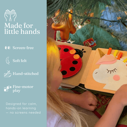 Teddy Tales felt busy book features - screen-free soft felt hand-stitched fine motor play