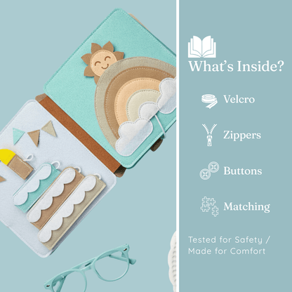 Teddy Tales busy book inside - velcro zippers buttons and matching activities for toddlers